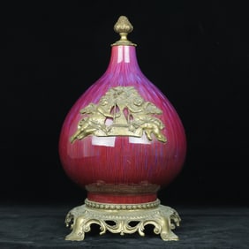 A Rare Flambe Glazed Inlaid Bronze Figure Pattern Vase