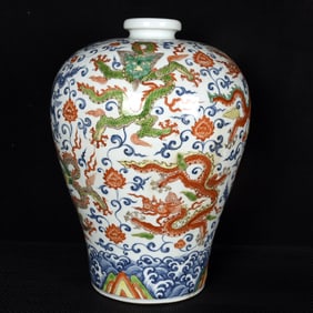 A Huge Blue and White Wucai Seawater,Lotus and Dragon Pattern Vase