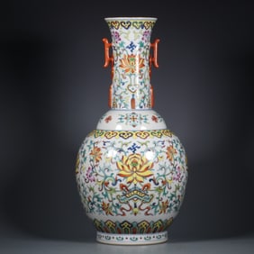 A Rare Doucai Painted Gold Lotus Pattern Double-Ears Vase