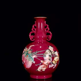 A Rare Ruby Red-Glazed Famille-Rose Figure and Peach Pattern Double-Ears Vase