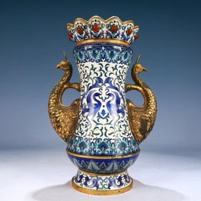 A Rare Cloisonne Phoenix Pattern Phoenix-Ears Vase,Inlaid Gems