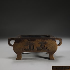 An Exquisite Bronze Bogu Pattern Double-Ears and Four Legs Censer,With Poem