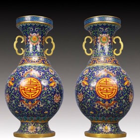 A Pair of Rare Cloisonne Lotus Bats and Peach Pattern Double-Ears Vase
