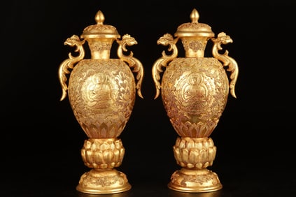 A Pair of Rare Gilt Bronze Sakyamuni Image Double-Ears Vases