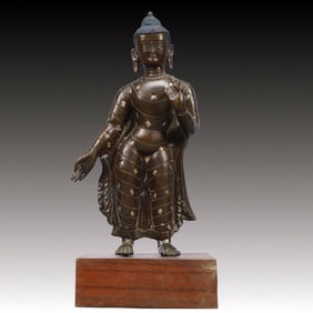 A Solemn Bronze Inlaid Silver Statue of Sakyamuni