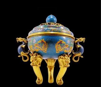 An exquisite cloisonné floral dragon pattern vase with double ears with three legs and lid