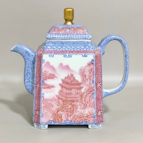 An Exquisite Blue and White Agate Red Color Painted Gold Landscape and Figure Pattern Teapot