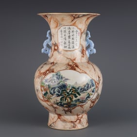 A Rare Marbled Glazed Famille-Rose Painted Gold Landscape and Figure Pattern Double-Ears Vase,With