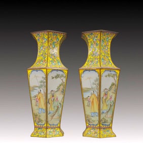 A Pair of Huge Painted Enamel Character and Story Pattern Vases