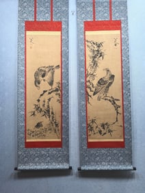 A Pair of Chinese Vertical Scroll Ink Painting of Eagle on Paper,Bada Shanren