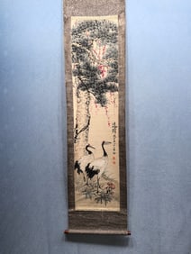 A Chinese Vertical Scroll Ink Painting of Pine and Crane on Paper,Qi Baishi