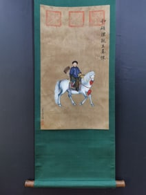 A Chinese Vertical Scroll Ink Painting of Figure Riding Horse on Silk,Lang Shining