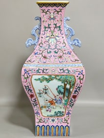 A Rare Pink Ground Famille-Rose Painted Gold Lotus,Character and Story Pattern Double-Ears Vase