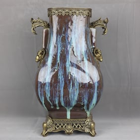 A Huge Flambe Glazed Inlaid Bronze Goat-Ears Vase