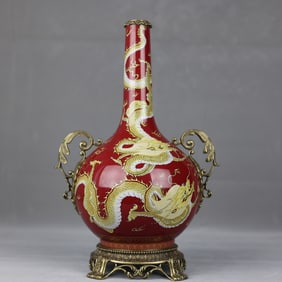 A Huge Red Ground Painted Gold Inlaid Bronze Auspicious Cloud and Dragon Pattern Double-Ears Vase