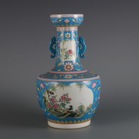 An Exquisite Blue Ground Famille-Rose Flower and Bird Pattern Double-Ears Vase