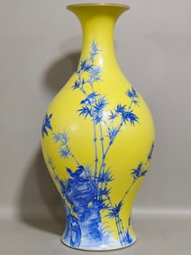 A Rare Yellow Glazed Blue Color Painted Gold Bamboo and Bird Pattern Vase,With Poem