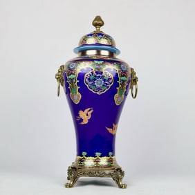 A Huge Blue Glazed Famille-Rose Inlaid Bronze Flower and Bird Pattern Lion-Ears Cover Jar