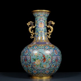 A Huge Cloisonne Flower and Bird Pattern Dragon-Ears Vase