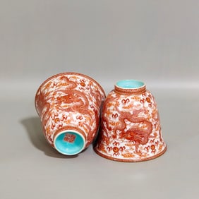 A Pair of Exquisite Iron-Red Glazed Painted Gold Auspicious Cloud and Dragon Pattern Cups