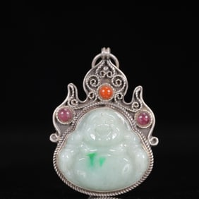 An Exquisite Silver Inlaid Jadeite Statue of Maitreya Buddha Pendant,Inlaid Gems