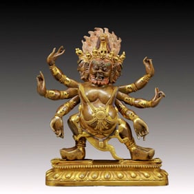 A Solemn Gilt Bronze Statue of Three-Headed and Six-Armed Vajra