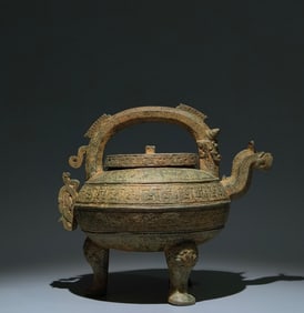 An Archaic Bronze Coiling Dragon Pattern Beast-head Tripod Food Vessel,With Inscription