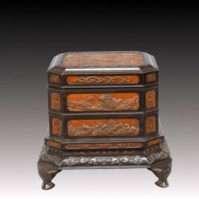 An Exquisite Zitanwood Inlaid Boxwood Landscape Pattern Box