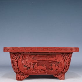 A Rare Carved Red Lacquer Landscape and Figure Pattern Four Legs Basin