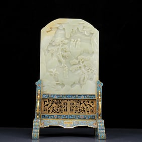 A Rare White Jade Landscape and Figure Pattern Table Screen with Cloisonne Base