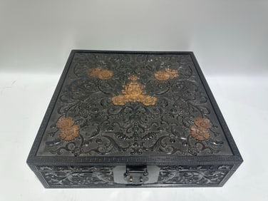 A Rare Zitanwood Inlaid Boxwood Lotus Pattern Box