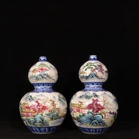 A Pair of Exquisite Blue and White Famille-Rose Landscape and Figure Pattern Gourd-Shaped Vases