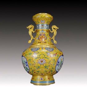 A Huge Cloisonne Flower and Bird Pattern Dragon-Ears Vase