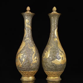 A Pair of Exquisite Gilt Silver Dragon and Phoenix Pattern Bottles