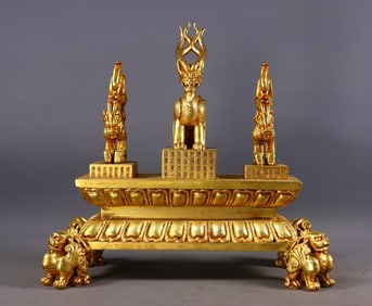 A Set of Fine Gilt Bronze Poem Dragon Pattern Seals,With Base