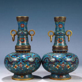 A Pair of Exquisite Cloisonne Auspicious Cloud and Dragon Pattern Double-Ears Vases