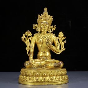 A Solemn Gilt Bronze Inlaid Turquoise Statue of White Tara