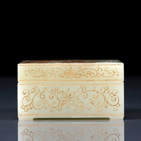 An Exquisite White Jade Painted Gold Flower and Bird Pattern Box