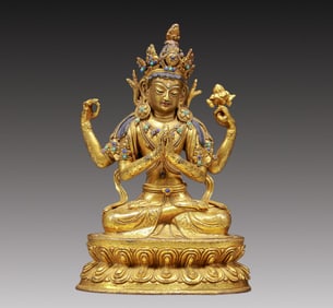A Solemn Gilt Bronze Inlaid Turquoise Statue of Four-Armed Guanyin