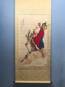 A Chinese Vertical Scroll Ink Painting of Figure and Deer on Paper,Hong Yi