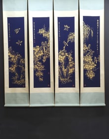 A Set of Chinese Vertical Scroll Ink Painting of Flower and Bird on Paper,Jiang Hanting