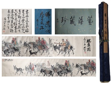 A Chinese Hand Scroll Ink Painting of Figure and Donkey on Paper,Huang Zhou