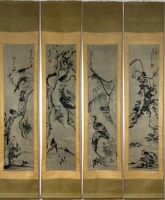 A Set of Chinese Vertical Scroll Ink Painting of Flower and Bird on Paper,Bada Shanren