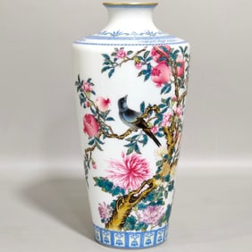 An Exquisite Blue and White Enamel Painted Gold Pomegranate,Flower and Bird Pattern Vase,With Poem