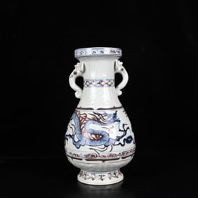 An Exquisite Blue and White Underglaze-Red Auspicious Cloud and Dragon Pattern Elephant-Ears Vase