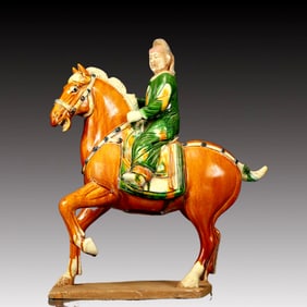A Rare Tang Tri-Color Glazed Pottery Figure Riding Horse Ornament