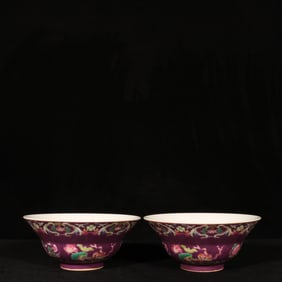 A Pair of Exquisite Enamel Ruby Red Ground Flower Pattern Bowls