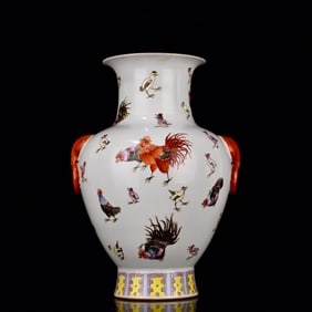 A Rare Enamel Rooster Pattern Double-Ears Vase