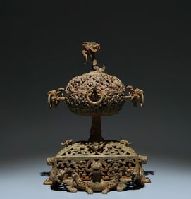 An Archaic Bronze Hollow Chi-Dragon Pattern Beast-Ears Censer,With Inscription