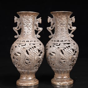 A Pair of Exquisite Silver Dragon and Phoenix Pattern Double-Ears Vases